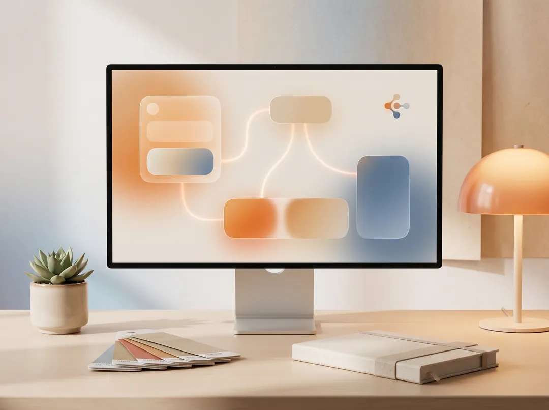 Kreativer Studio-Arbeitsplatz mit Design-Tool und Netzwerk-Diagramm